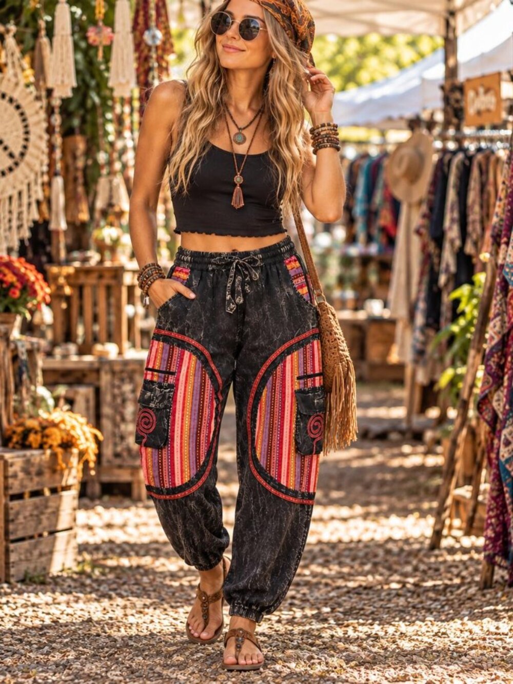 NWT Cotton Black Drawstring Panel Patched Harem Pants
